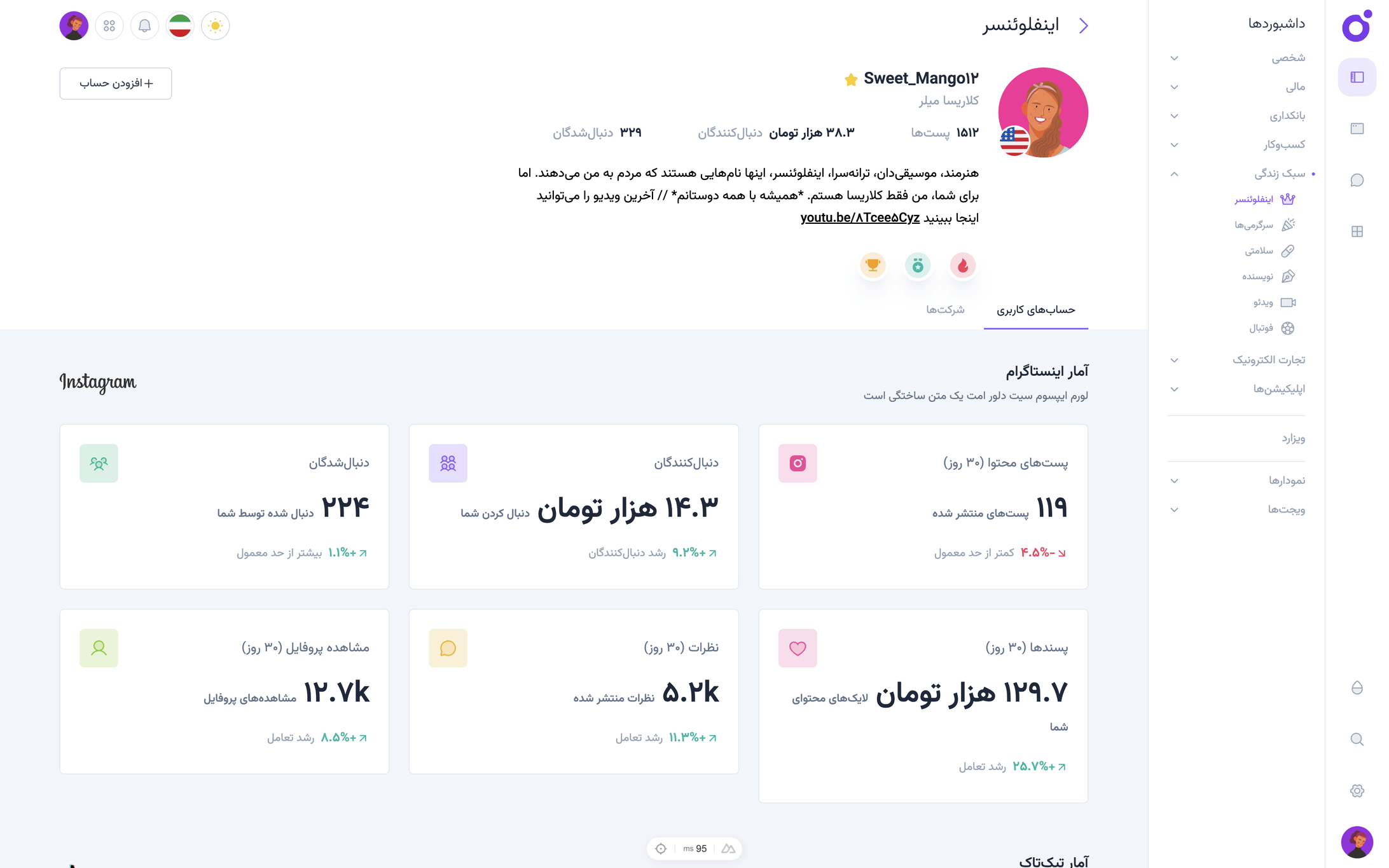 Tairo - داشبورد اینفلوئنسر