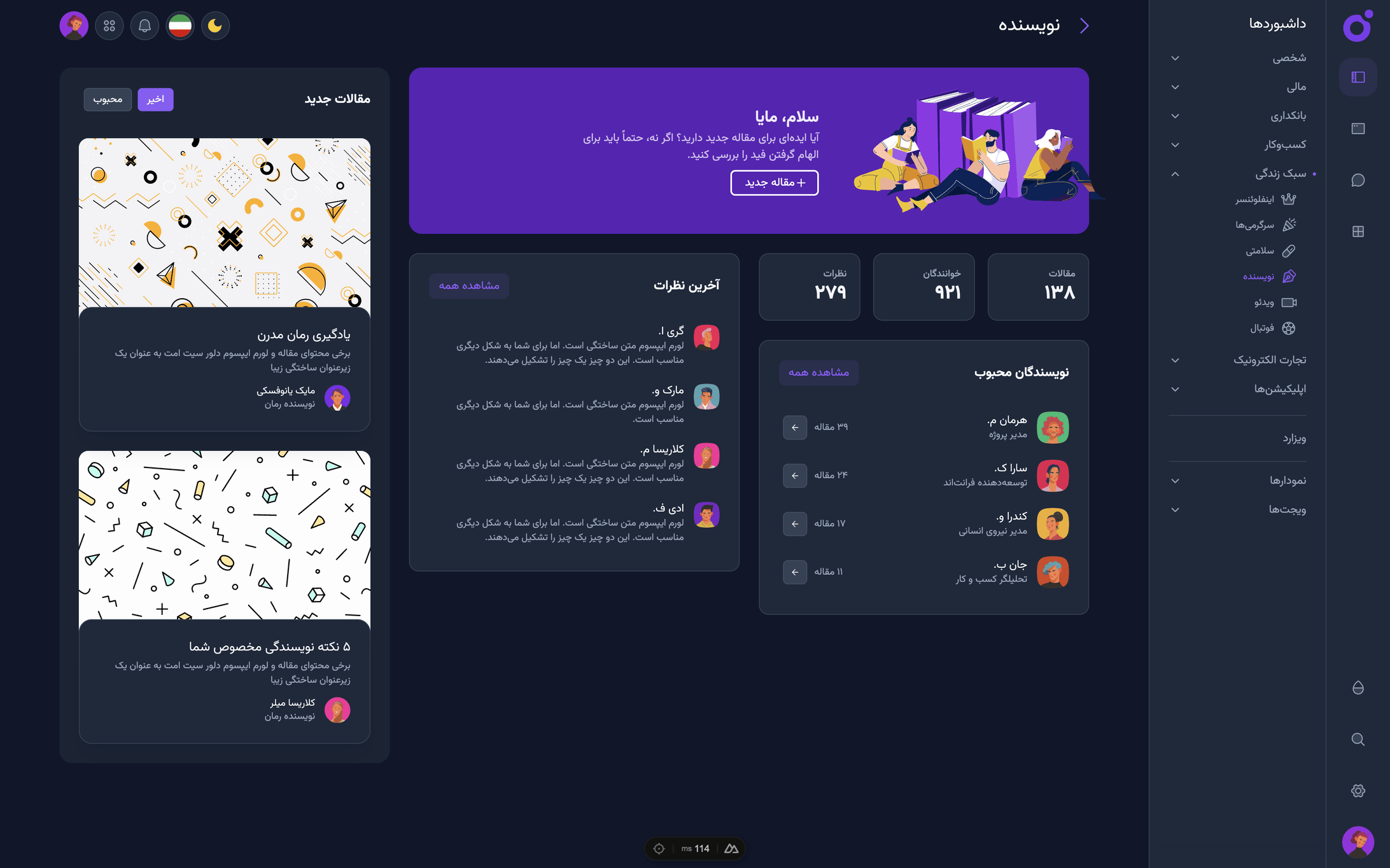 Tairo - داشبورد نویسنده